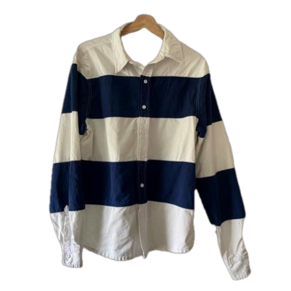 Carmar Button Navy White Down Striped Long Sleeve Size Small Excellent Condition